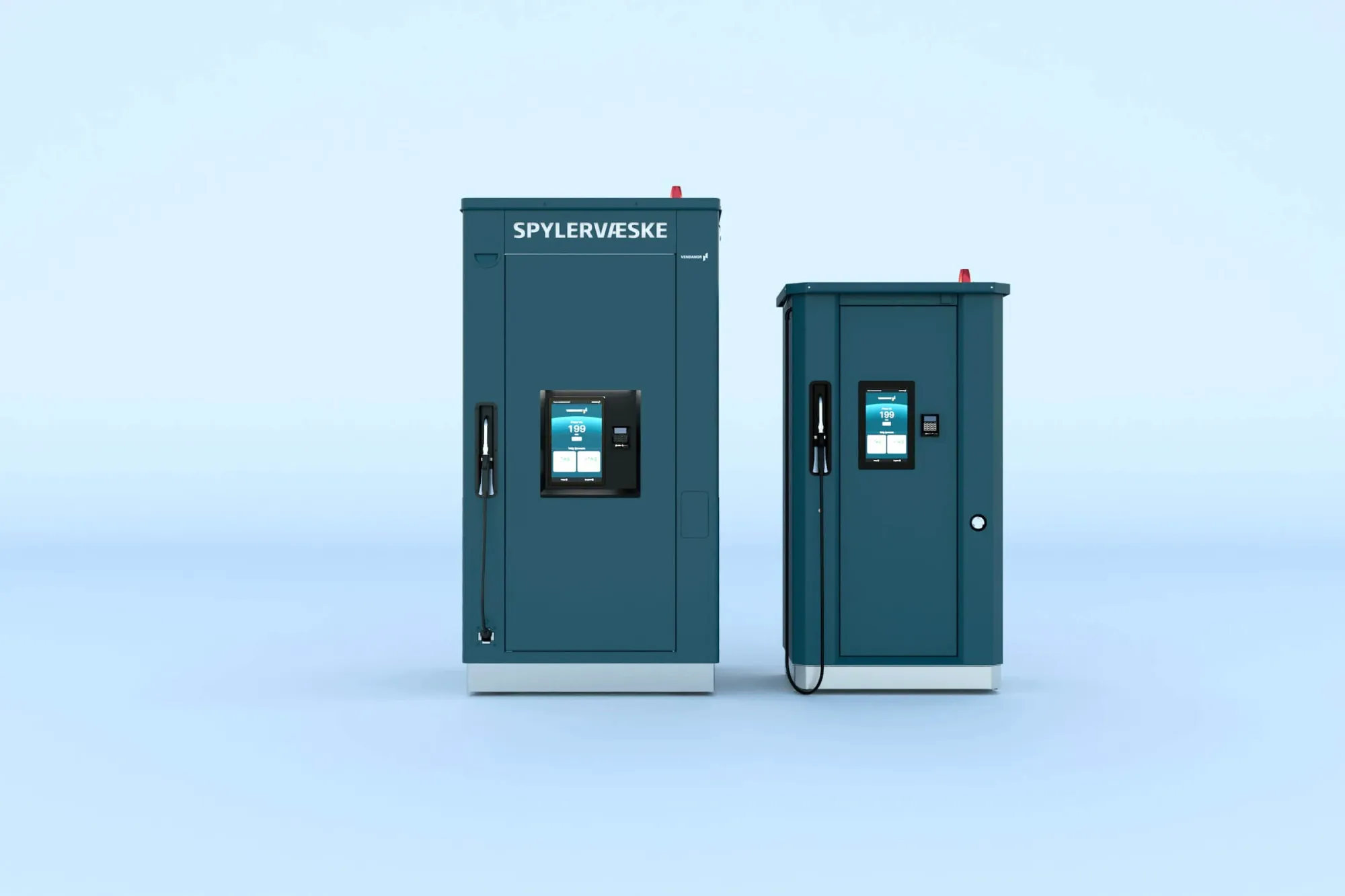 Two Vendanor Washer Fluid Dispensers labelled Spylervæske, a tall and a compact model, shown side by side on a light blue background.